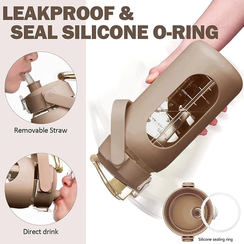 1000ml Glass Water Bottle with Straw & Sleeve